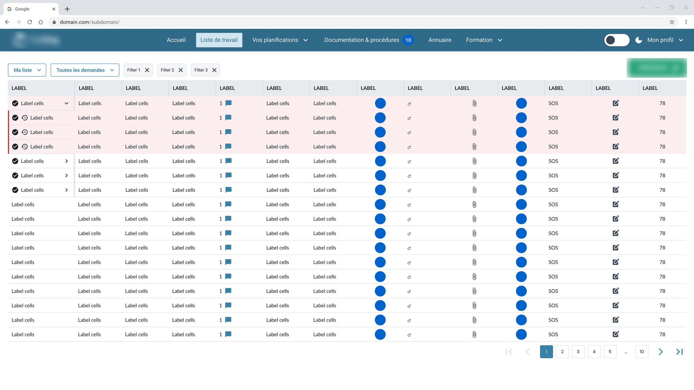 Page de liste de travail d'une application métier : navigation principale, filtres, tableau de données avec lignes en état d'urgence surlignées en rose pâle, et pagination