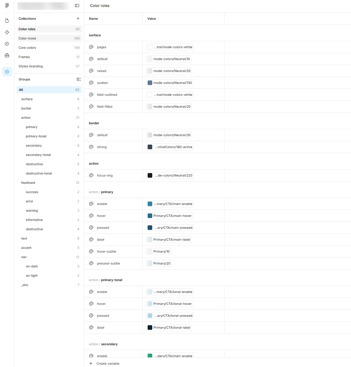 Variables Figma du design system : collection de rôles de couleur, avec les groupes surface, bordure, action, feedback, texte, accent et navigation