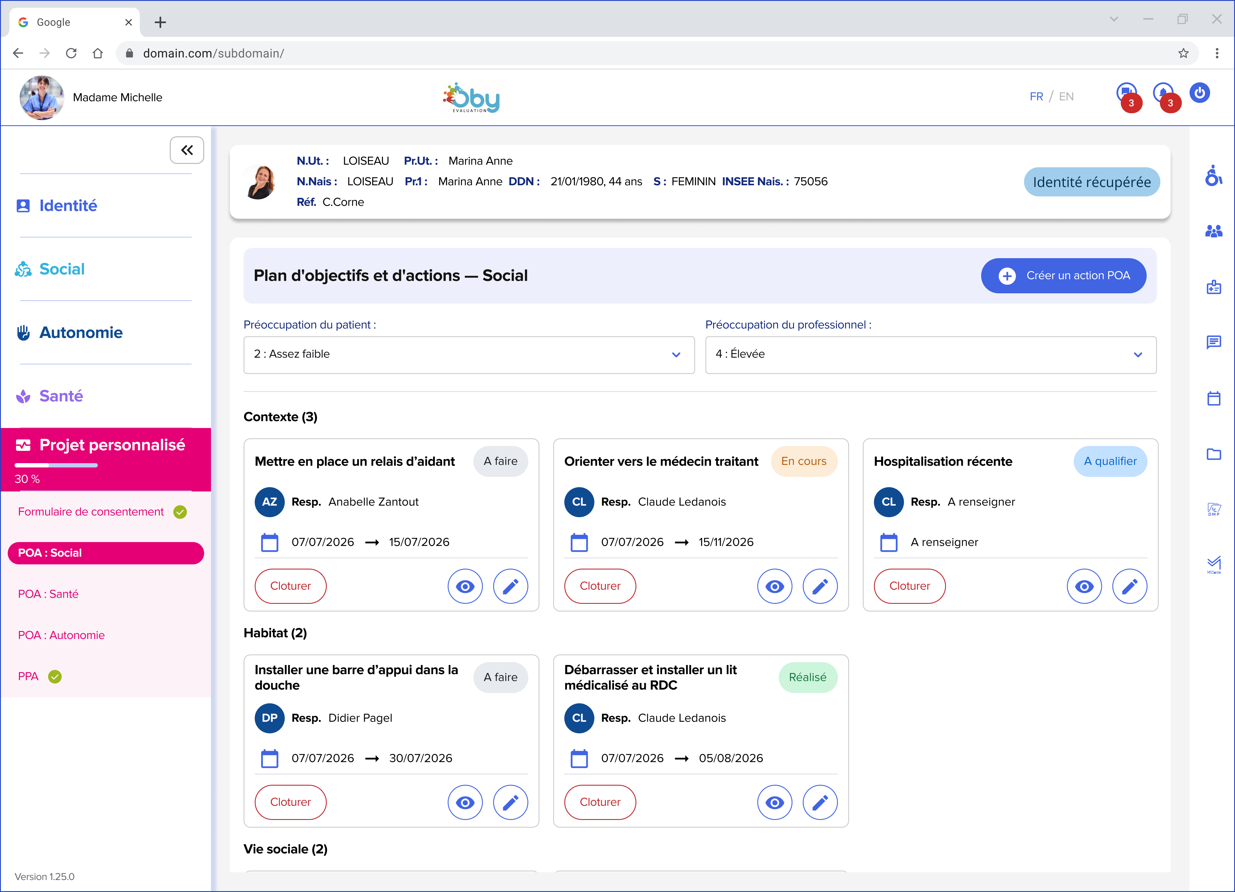 Nouvelle version du POA : plan d'objectifs et d'actions organisé par catégories (Contexte, Habitat, Vie sociale), avec préoccupations du patient et du professionnel, et des cartes d'action au statut clair